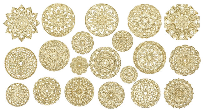 Detailed set of golden mandalas and arabesque circular ornaments for islamic art decorative borders and background designs with ornament, circular