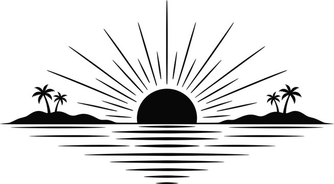 Tropical Sunset Beach With Palm Trees Minimal Silhouette Illustration