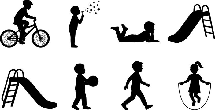 Children playground silhouette collection featuring cycling, blowing bubbles, playing ball, walking and sliding activities isolated on white background vector set