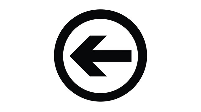A bold black arrow pointing to the left is enclosed within a thick circular black frame to form a minimalist monochrome icon isolated on a white background.