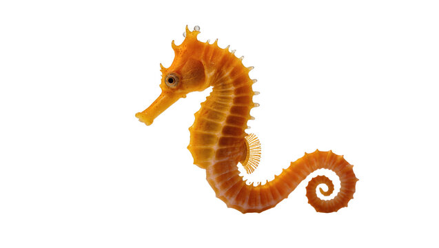 Orange seahorse with curled tail, isolated on transparent background