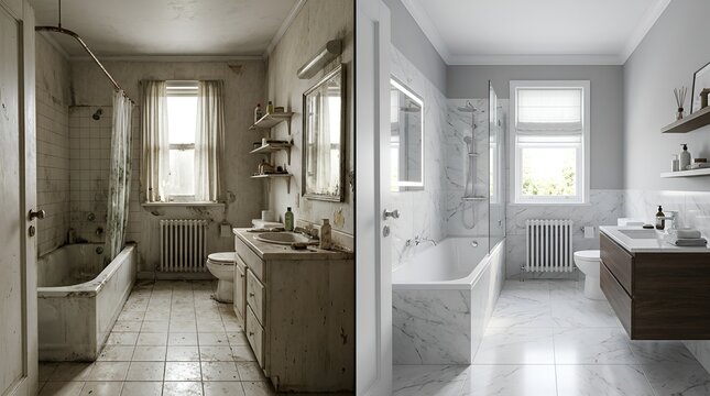 Transformation of a dated, cluttered bathroom into a sleek, modern space with contemporary fixtures and a bright, airy ambiance