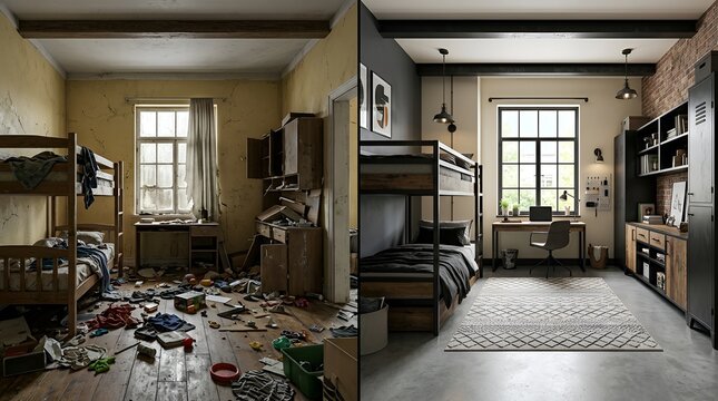 Transformation of a neglected, cluttered childhood bedroom into a modern, organized living space demonstrating renovation and