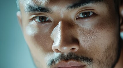 Naklejka premium カメラを見つめるアジア人男性の顔の極端なクローズアップ。汗と肌の詳細な質感を捉えたポートレート