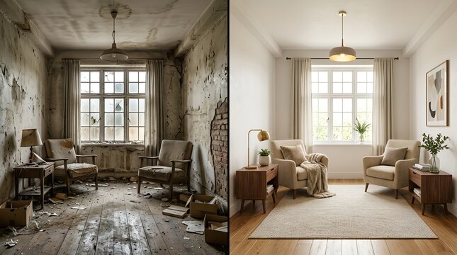 Contrast Between Neglected and Renovated Living Rooms Showcasing Decay and Modern Comfort