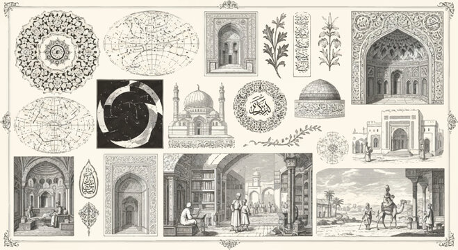 Vintage islamic architecture illustrations and geometric patterns set with architecture geometric engraving illustration historical oriental
