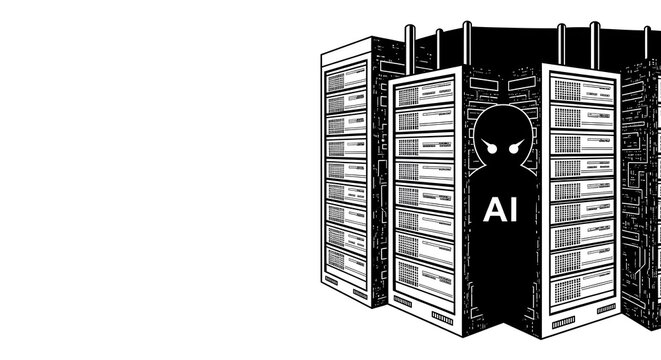Artificial Intelligence AI Concept Illustration with Server Racks and Robot Silhouette in Data Center for Technology and Computing