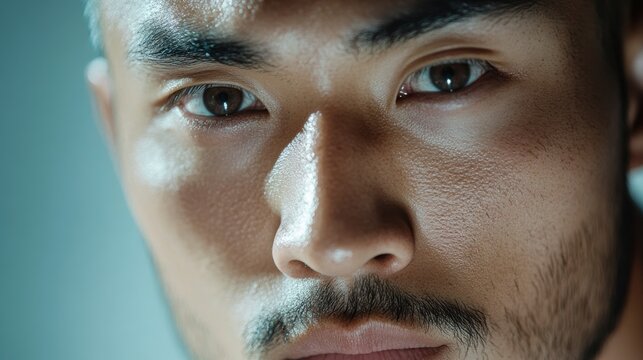 カメラを見つめるアジア人男性の顔の極端なクローズアップ。汗と肌の詳細な質感を捉えたポートレート