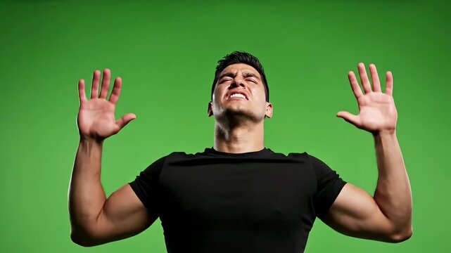 A muscular young man in a black t-shirt expresses intense despair or pain, raising his hands and looking up against a chroma key green background.