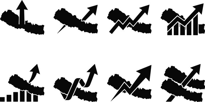 Acht verschiedene Schwarz-Wei&szlig;-Icons, die Wachstum, Aufw&auml;rtstrend und positive Entwicklung symbolisieren, mit Pfeilen und Diagrammen &uuml;ber einer abstrakten Form.