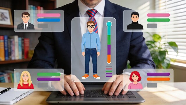 Businessman typing on laptop with holographic interface showing user profiles and data analytics in modern office digital technology concept