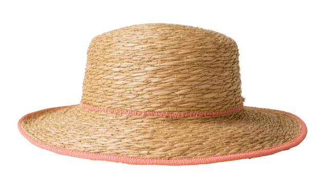 Woven straw boater hat with pink trim, isolated on transparent background