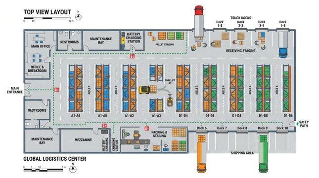 Top view layout of a grocery store floor plan with aisles and departments.