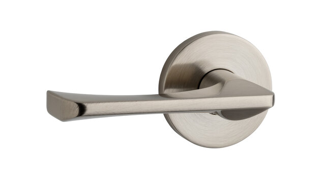 Brushed nickel lever door handle with modern geometric design, isolated on transparent background