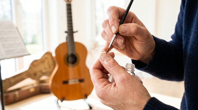 Classical guitarist applying silk wrap to fingernails for repair