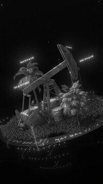 Futuristic Oil Pump Jack on Island with Floating Crude Oil Price Tickers Loop