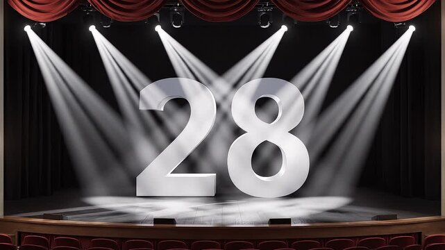 Dramatic Theater Curtain Reveal of Number 28 with Spotlight