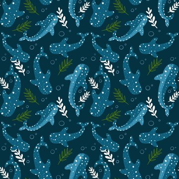 Whimsical whale shark underwater botanical pattern, hand-drawn ocean animal design