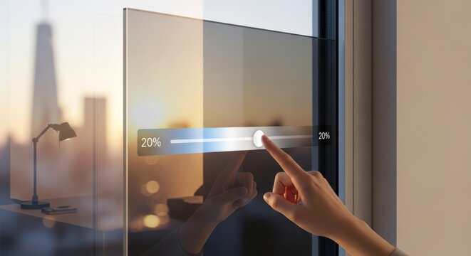 smart window glass with tinting control interface and hand adjusting opacity