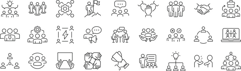 Team Web Icon Set in Line Style. Editable Stroke. Collection of Teamwork Linear Icons, Including team building, workshop, human resources, business people, group, team, organization, community. © Deloara