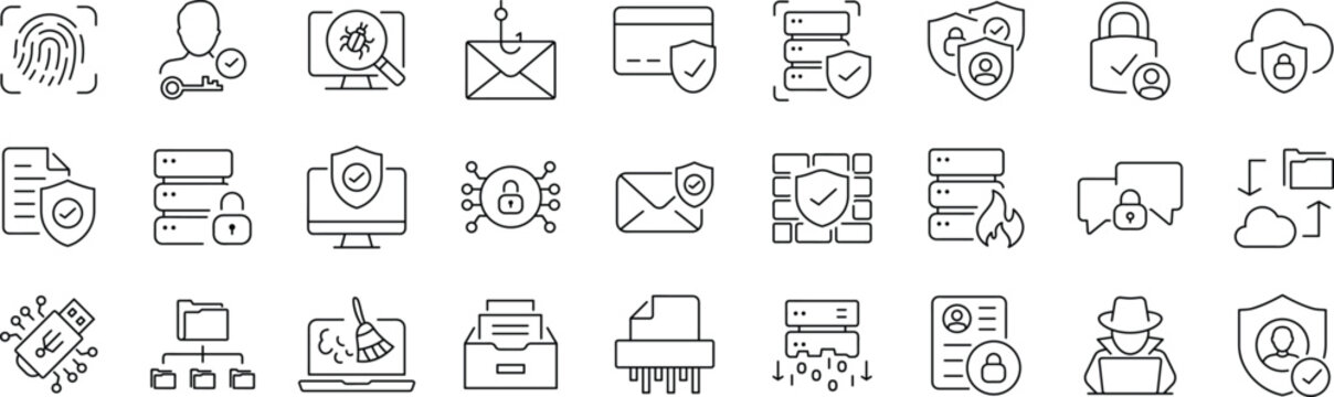 Data protection Web Icon Set. Editable Stroke. Collection of Cyber security Linear Icons, Including Computer hacking, privacy, secured, technology, network, personal information and more.