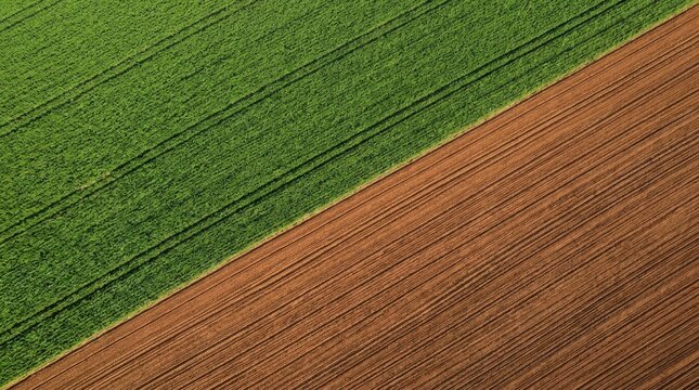 Aerial View of Agricultural Fields with Symmetrical Crop and Soil Rows for Agribusiness Website Banner and Hero Header. Showcasing Sustainability and Modern Precision Farming Trends.