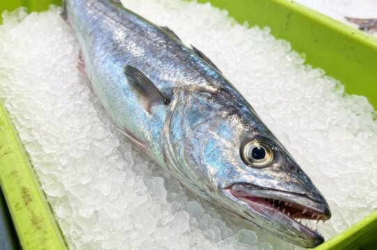 Fresh Whole Hake Fish on Crushed Ice in Market Container, Raw Seafood Ingredient for Healthy Mediterranean Cuisine, Sustainable Fishing Industry Concept, Flexible Layout with Copy Space