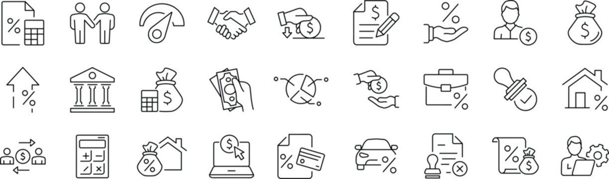 Loan set of web icons in line style. Editable stroke. Loan and Credit linear icon collection. Containing loan, money, credit rating, business, leasing, interest, calculator, income, banking and more.
