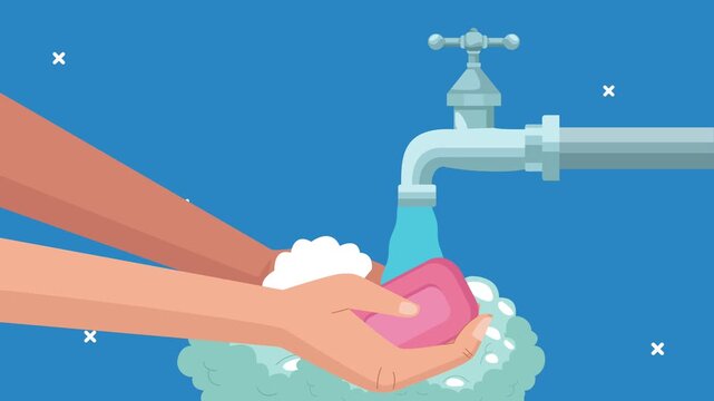 Cartoon animation of washing hands with pink bar soap under flowing water faucet on blue background.