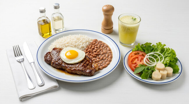 prato feito com bife &agrave; cavalo com arroz e feij&atilde;o acompanhado de salada e suco de abacaxi com hortel&atilde; 