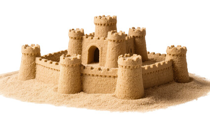 Intricate sandcastle with multiple towers and crenellated walls, isolated on transparent background © Elena