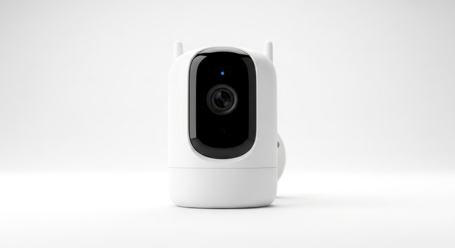 white modern home security camera with black lens and blue light