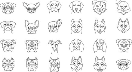 Professional Dog Breed Head Line Art Icon Set Featuring Pug, Bulldog, Husky, Beagle, and Greyhound for Pet Industry Branding, Veterinary Logos, and Minimalist Graphic DesignsProfessional Dog Breed Hea © BijoyChandra