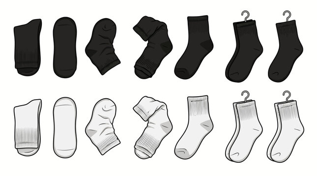 Illustration of various socks in black and white on hangers and laid out