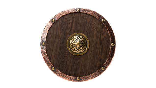 Round wooden viking shield with hammered copper rim and ornate brass boss, isolated on transparent background