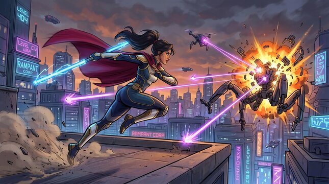 A young hip hop woman dancing on a dark city street amidst fire and smoke creates a futuristic warrior art illustration at night