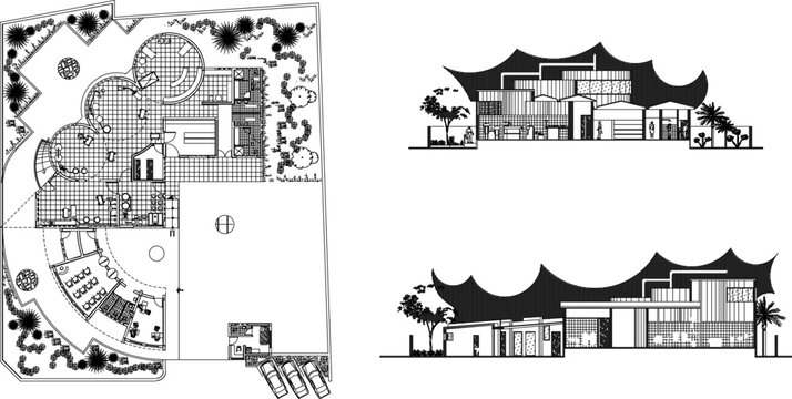 Vector sketch illustration silhouette design of Dairy Plant building construction.Modern minimalist layout section view