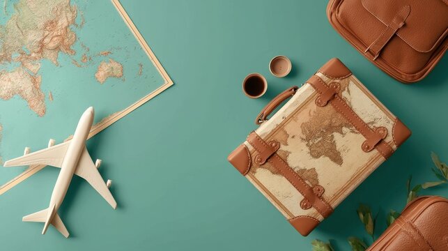 Travel planning setup with world map airplane model leather suitcase and coffee cups on teal background for adventure and exploration themes