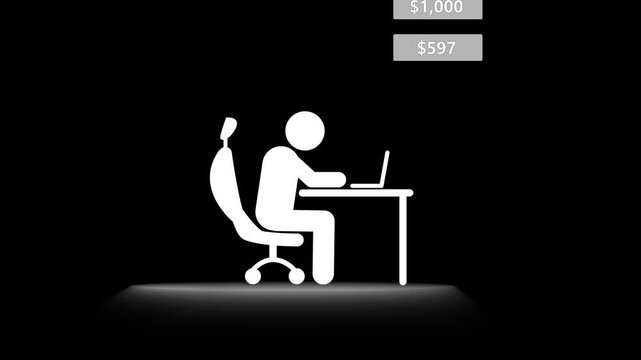 Pictogram men working in office. Pictogram man sits at a table and working at laptop. Man sitting on office chair at desk using laptop computer for work or study.