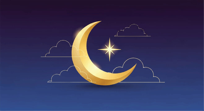 Golden crescent moon and glowing star in night sky with night background gold moon celestial astronomy background midnight illustration