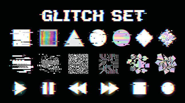 Glitch art set with distorted shapes and icons on black background