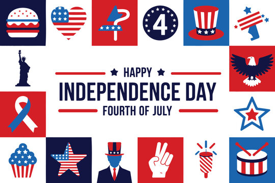 A vibrant collection of patriotic Fourth of July icons and elements celebrating American Independence Day in colorful styles
