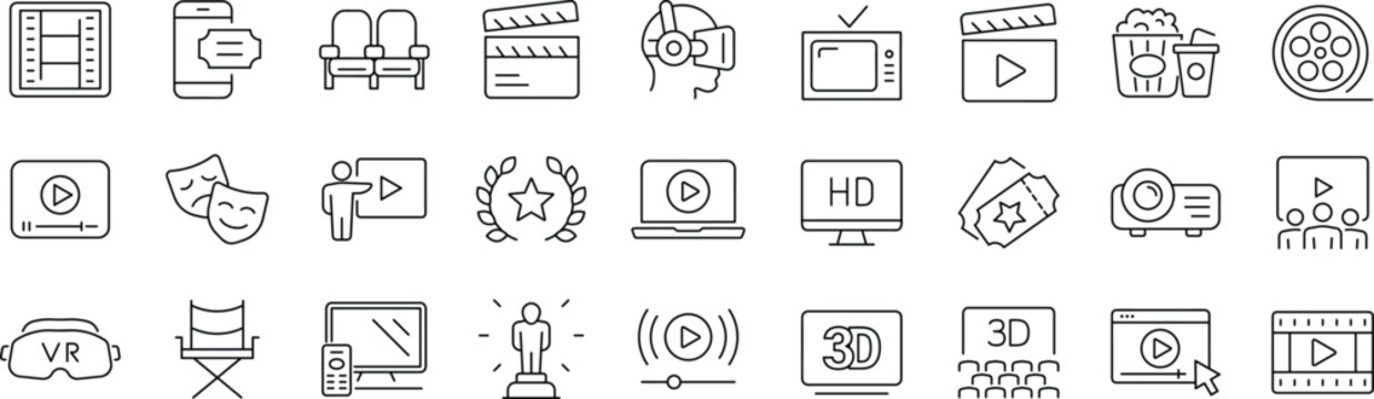 Cinema set of web icons in line style. Editable stroke. Movie and Film linear icon collection. Containing video, movie theater, 3d, vr, popcorn, ticket, director, soundtrack and more.