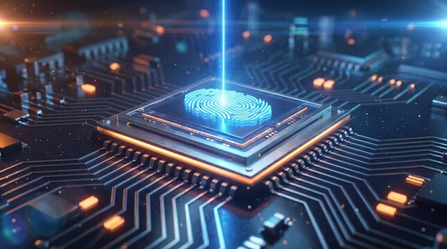 Glowing Microchip With Integrated Fingerprint Security Pattern