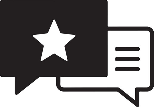 Minimalist customer review icon, black and white speech bubble with star, feedback and testimonial vector graphic for business website interface
