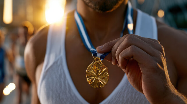 Athlete male runner gold medal victory sportswear outdoor sunset closeup Confident male runner holding gold medal sportswear outdoor sunset, proud athletic winner showing achievement after race
