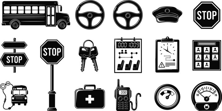 Set of Transportation, Traffic Safety, and Vehicle Icons Including Bus, Steering Wheel, Stop Sign, Keys, and First Aid for Traffic and Emergency Apps