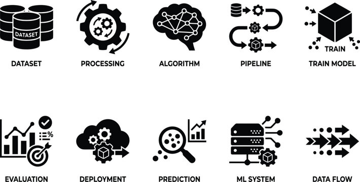 Machine Learning Icons Set: Data Science, AI Algorithms, and Data Processing