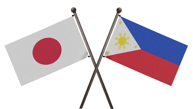 3D render of Japan and Philippines flags crossed on a white background, symbolizing East Asian diplomacy, strategic partnership, and bilateral relations