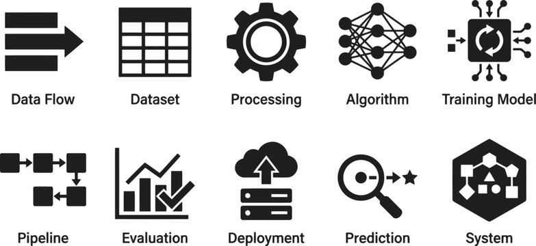 Data Science and Machine Learning Icons: Workflow, Analysis, and AI Concepts